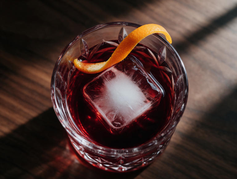 Overhead view of a Milano-Torino in a crystal rocks glass with a large ice cube and curled orange peel on dark wood.