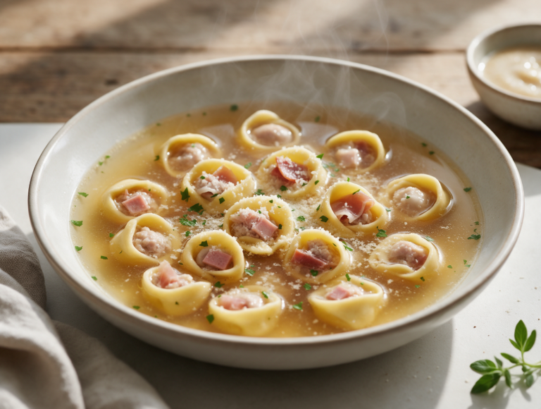 Overhead view of a shallow bowl with golden broth, floating cappelletti, and a dusting of grated parmigiano.