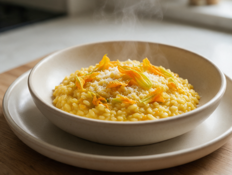 Overhead view of golden risotto ai fiori di zucca in a shallow bowl topped with torn squash blossoms and parmesan.