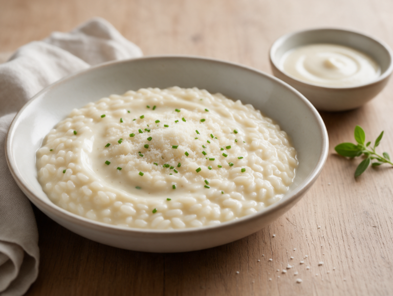 Bowl of creamy risotto al Prosecco with a glossy wave-like surface, grated Parmigiano and chives on a rustic wooden table