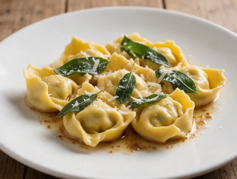 Golden tortelli d'erbetta plated with browned butter, crisp sage leaves, and shaved Parmigiano on a white plate