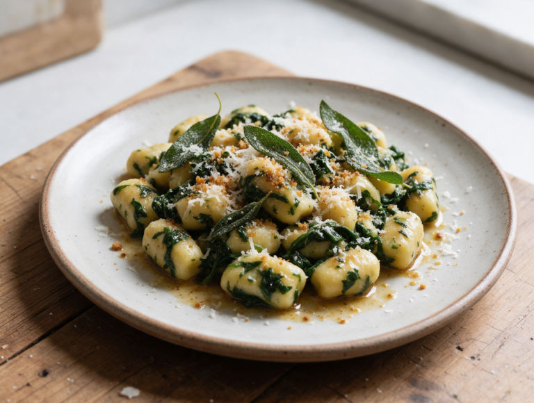 Overhead view of Valmalenco gnocchi coated in browned butter, crisp sage leaves, and grated cheese on a rustic plate.