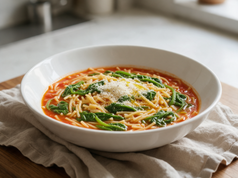 Wide white bowl of tenerumi pasta in tomato broth topped with grated pecorino on linen, soft window light
