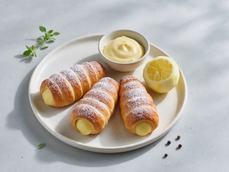 Three ridged golden lobster tail pastries dusted with powdered sugar on a marble slab beside a halved lemon