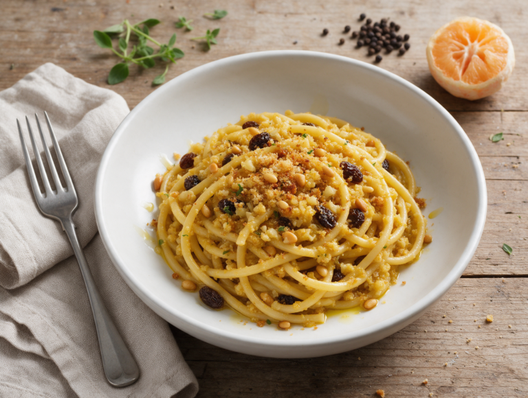 Bucatini coated in golden cauliflower sauce with pine nuts and breadcrumbs in a white bowl on linen