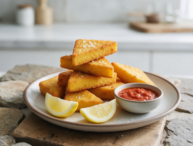 Golden fried polenta triangles stacked on a wooden board with flaky salt and lemon wedges