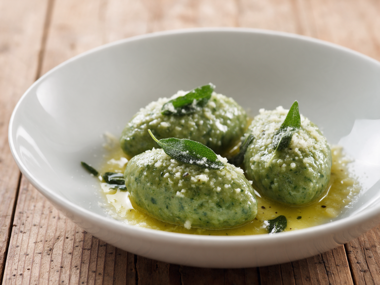 Three green strangolapreti in sage butter with grated Trentingrana in a white bowl on a wooden table