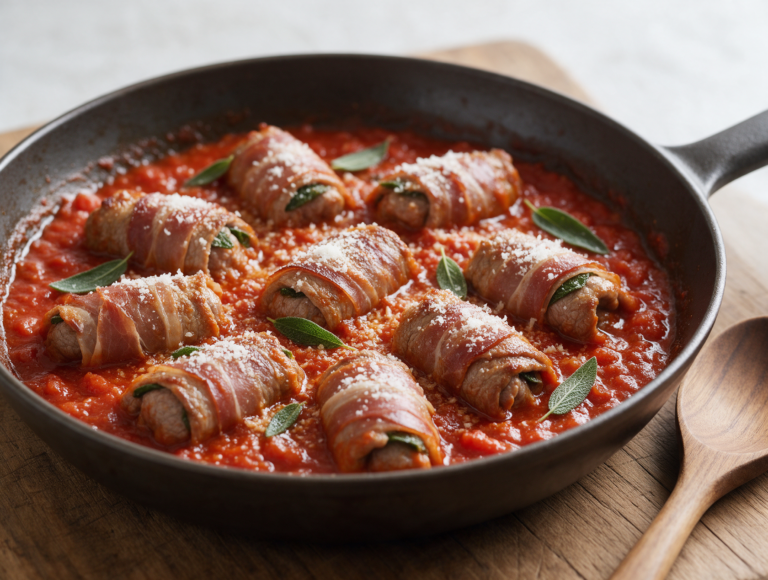 Overhead view of veal involtini in tomato sauce with sage leaves in a 12-inch pan on a rustic wooden board