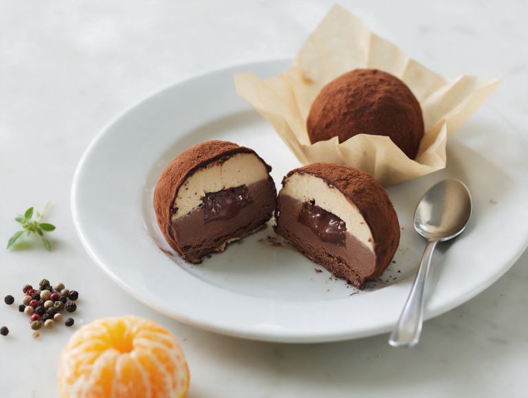 Cocoa-dusted tartufo di Pizzo cut open on a white plate, showing hazelnut gelato and a chocolate center