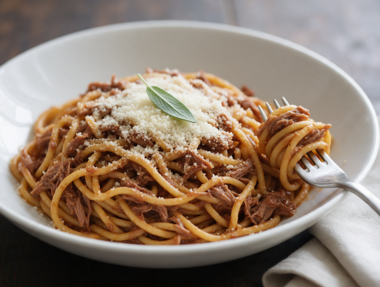 Bigoli tangled with shredded duck ragu in a white bowl, grated Grana on top, on a dark wooden table