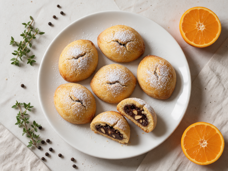 Baked bocconotti with powdered sugar on a wooden board, one halved to show the dark chocolate and almond filling