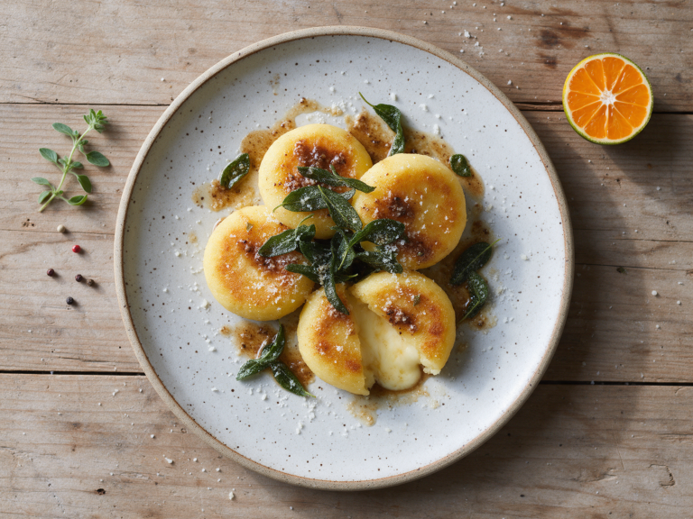 Four golden potato rounds, one cut open to show melted Casera, topped with sage butter on a speckled plate