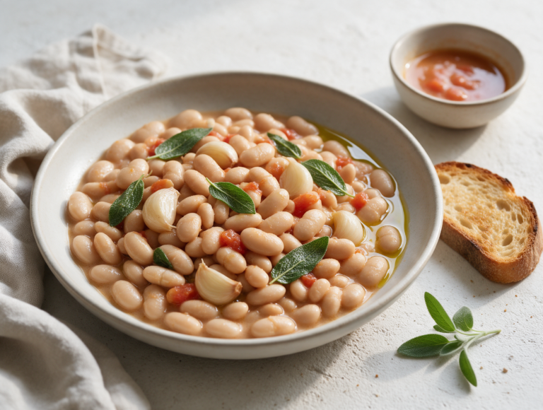 Shallow bowl of creamy cannellini beans with sage leaves and olive oil beside toasted bread on a wooden table