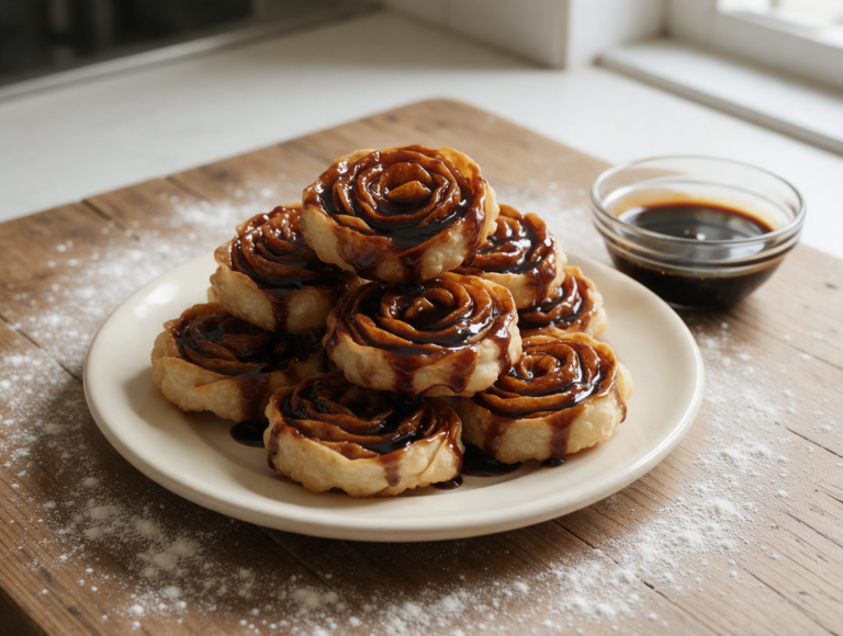 Pale gold fried cartellate rosettes coated in dark vincotto, stacked on a ceramic plate on a wooden table