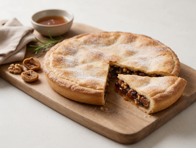 Spongata tart dusted with powdered sugar and one wedge cut out to show the dark honey and nut filling