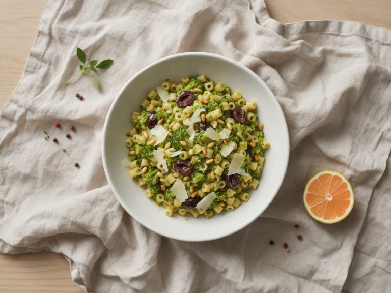 Shallow white bowl of ditalini with olive-green braised broccoli, black olives and pine nuts on a linen cloth